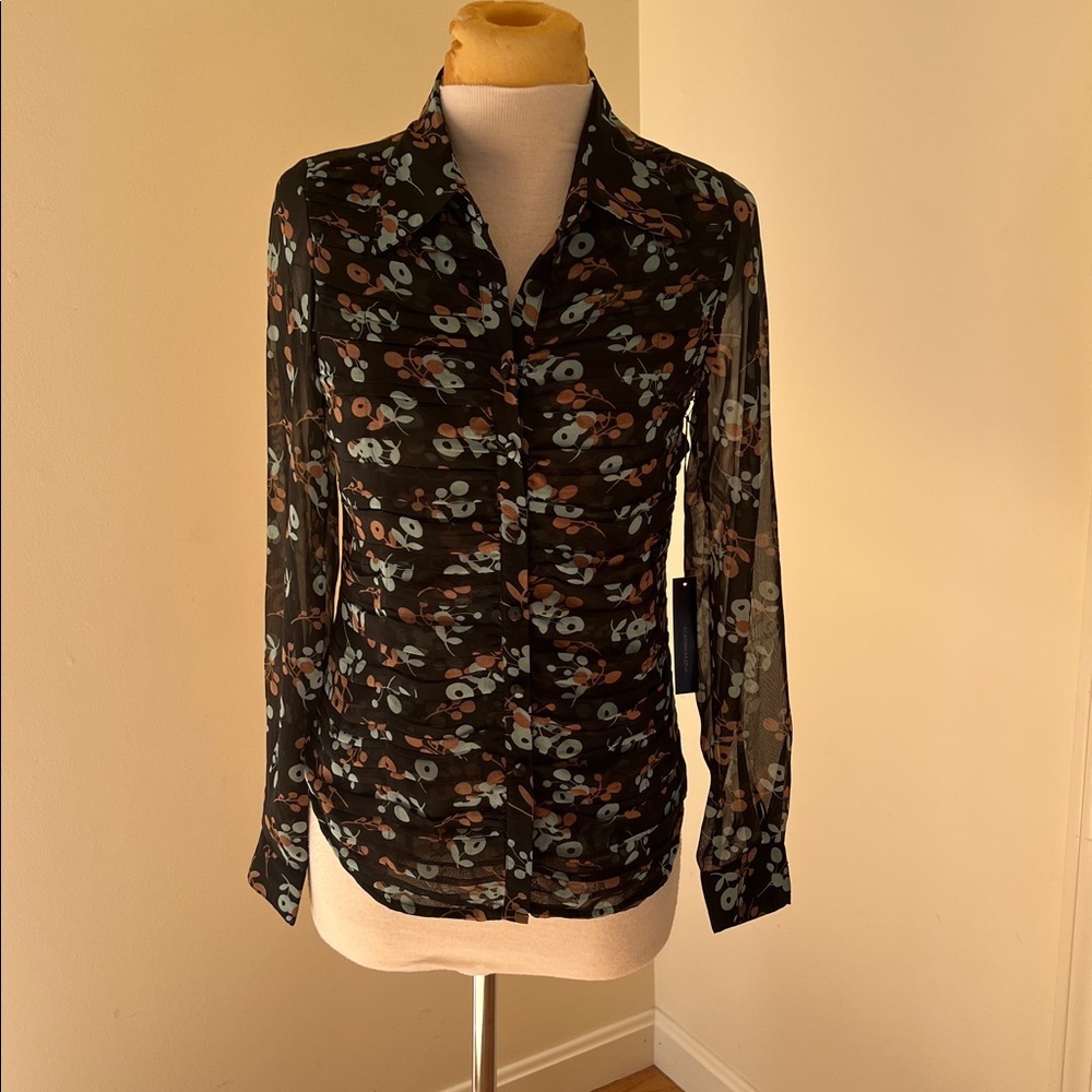 New! BCBGMaxazaria small black berries printed pleated sheet long sleeve blouse.